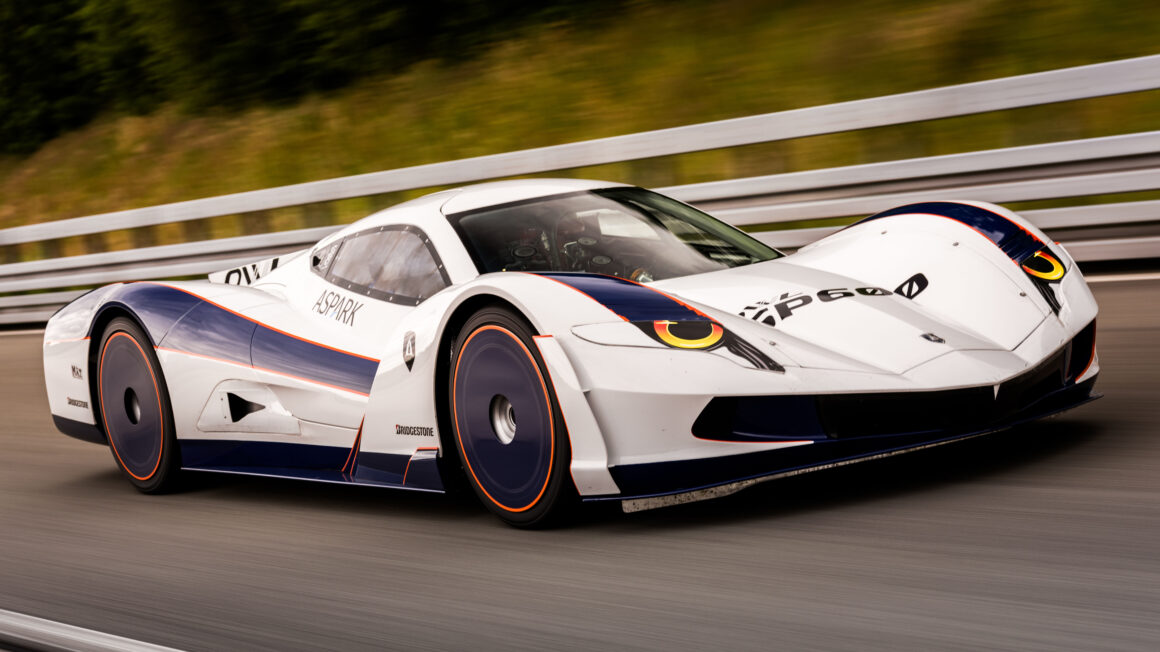 Aspark OWL SP600 hypercar moving at spoeed on track . It set a new electric car speed world record reaching 438.73 kph. Papenburg Germany. 8 June2024.Matteo Teti Aspark 3564